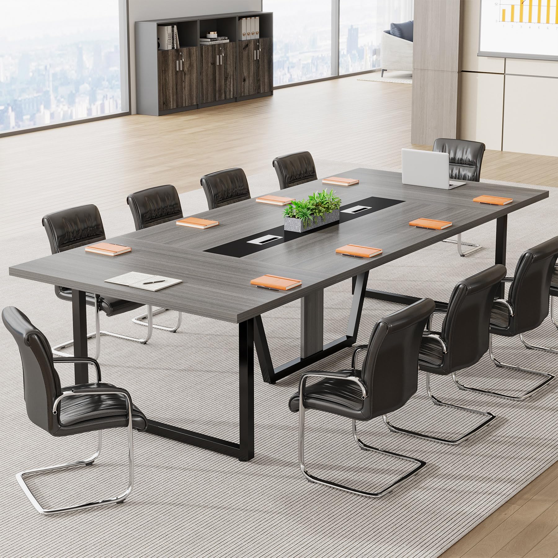 8FT Conference Table, 94.49 L x 47.24 W x 29.53 H Inches Large Meeting Podcast Table for 10 People, Business Style Wooden Training Table with Strong Metal Frame for Office Conference