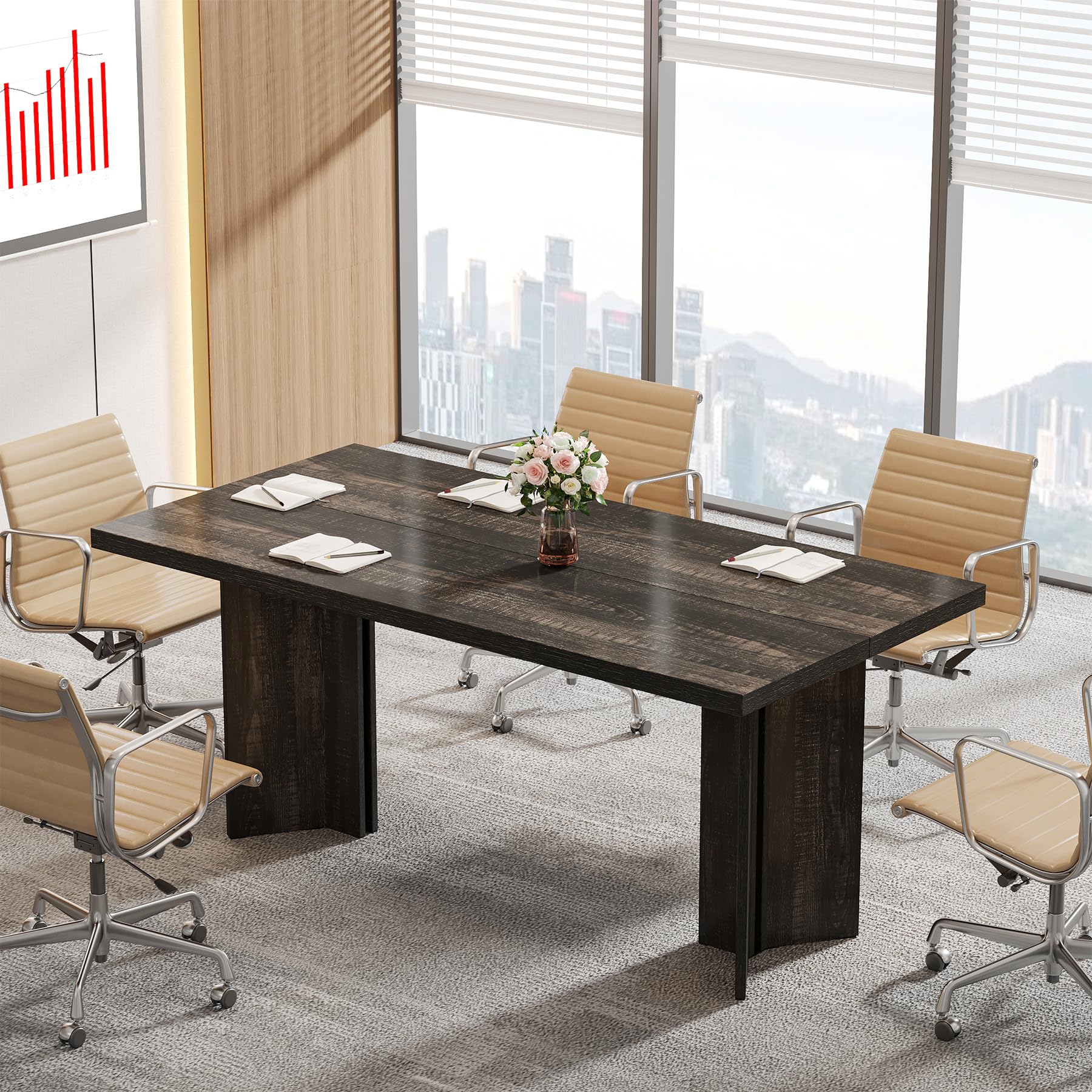5.5FT Conference Table, 63-inch Rectangle Meeting Seminar Table, Large Wooden Business Tables for 4-6 People, Heavy Duty Pedestal (Dark Gray)