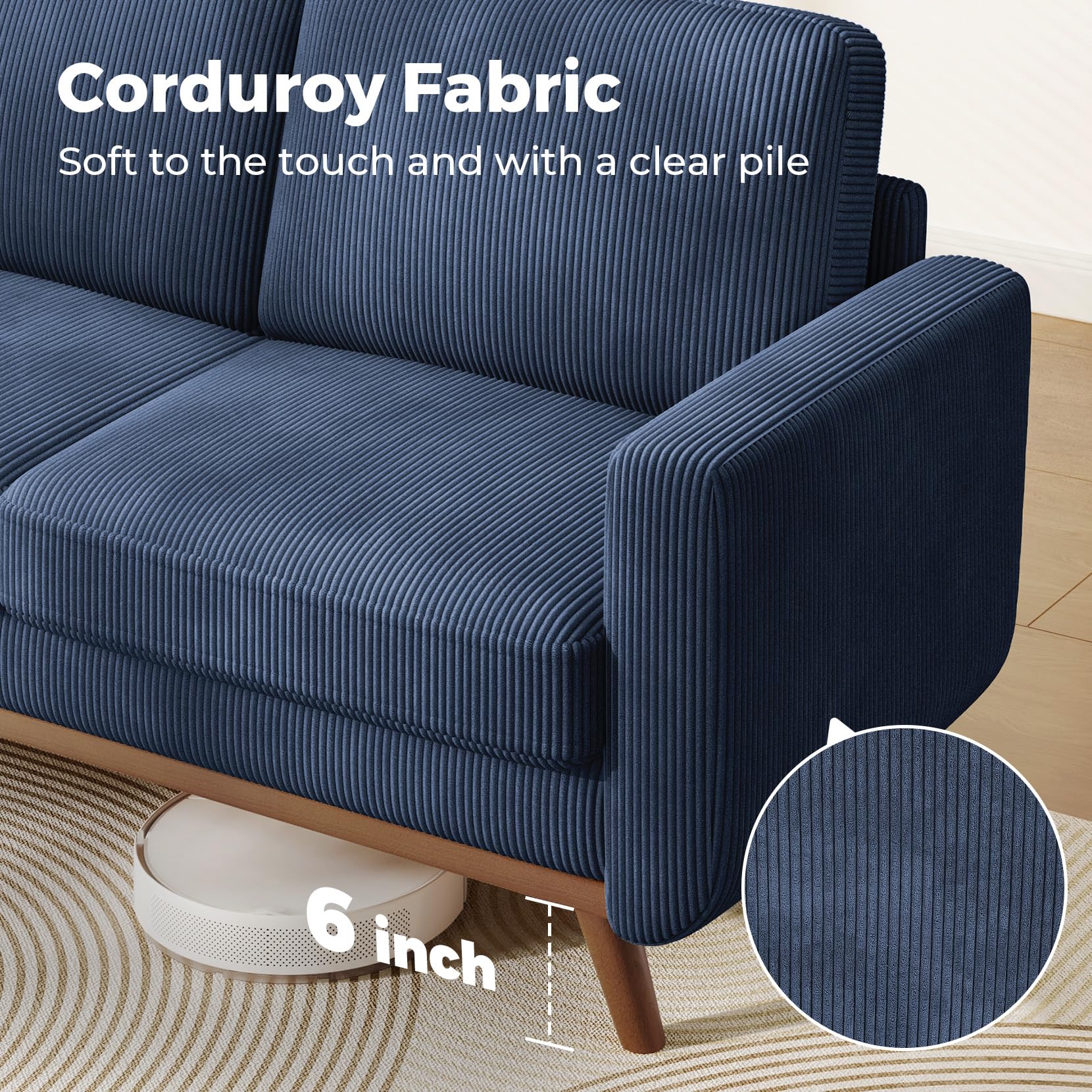 68" Loveseat Sofa Dark Blue, Comfy Corduroy Couch with Spring Cushion and Solid Wood, Modern Extra Deep Seat for Bedroom, Living Room, Office