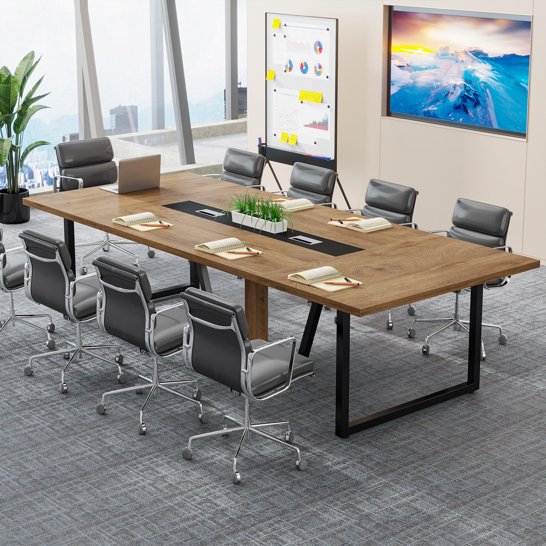8FT Conference Table, 94.49 L x 47.24 W x 29.53 H Inches Large Meeting Podcast Table for 10 People, Business Style Wooden Training Table with Strong Metal Frame for Office Conference