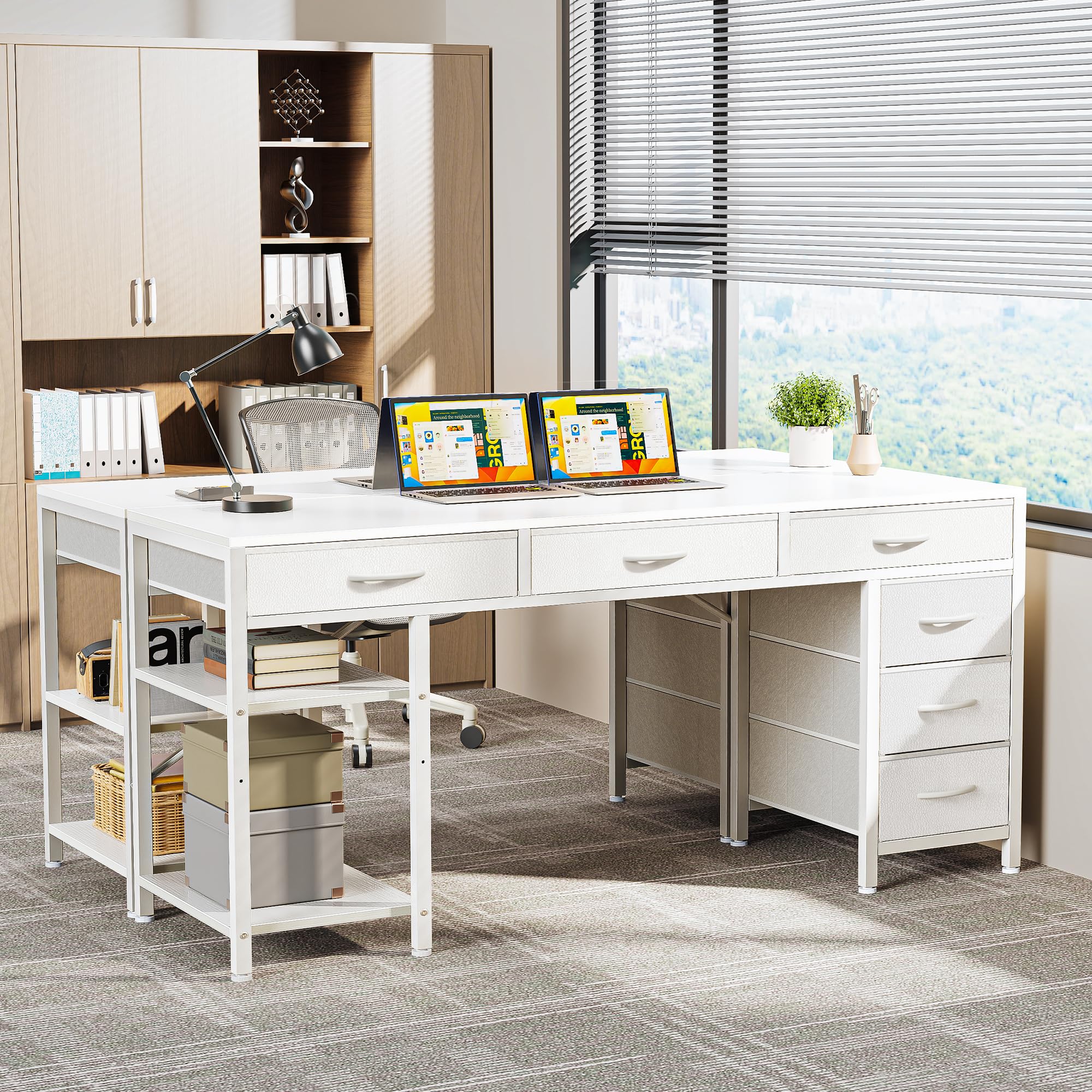Computer Desk with 6 Drawers, Office Desk with Shelves, Reversible Gaming Desk, Corner Desk with Storage, Work for Home Office, Study, Living Room, 54inch, White