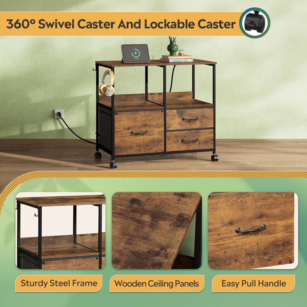 3 Drawer Mobile File Cabinet with Storage Shelf, Charging Station