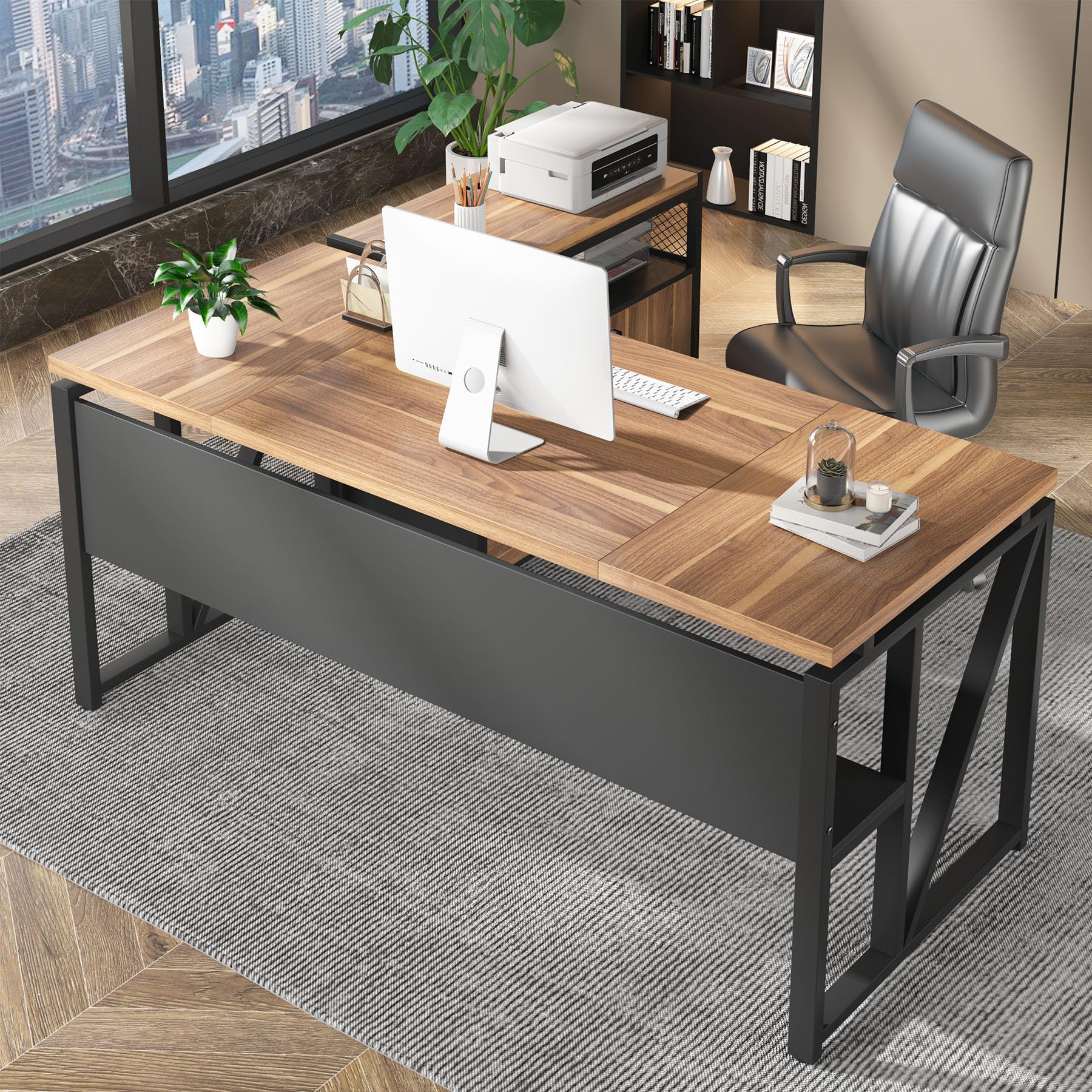 63" Executive Desk with Reversible File Cabinet, Large L-Shaped Office Desk with Drawers, Business Furniture Workstation for Home Office
