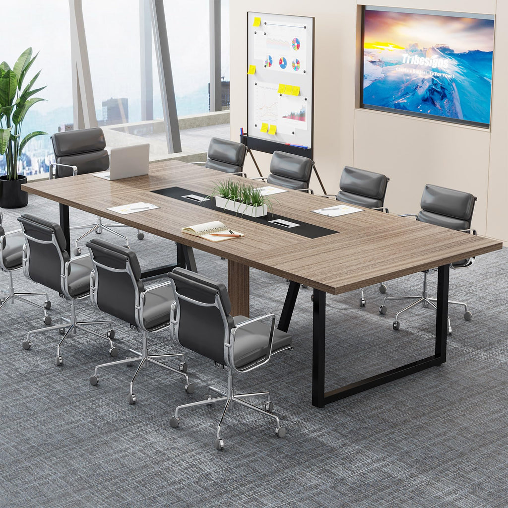 8FT Conference Table, 94.49 L x 47.24 W x 29.53 H Inches Large Meeting Podcast Table for 10 People, Business Style Wooden Training Table with Strong Metal Frame for Office Conference