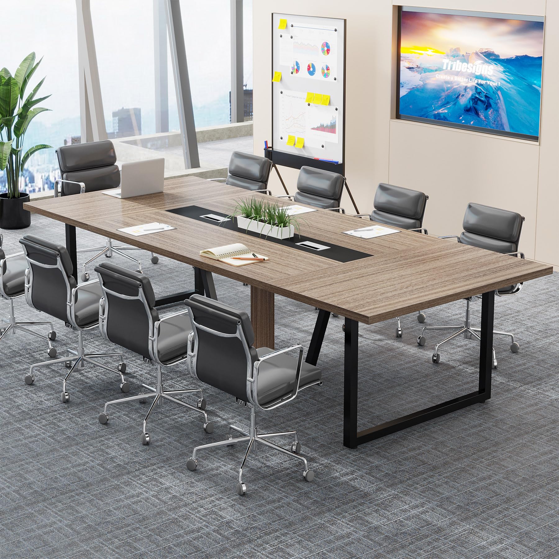 8FT Conference Table, 94.49 L x 47.24 W x 29.53 H Inches Large Meeting Podcast Table for 10 People, Business Style Wooden Training Table with Strong Metal Frame for Office Conference