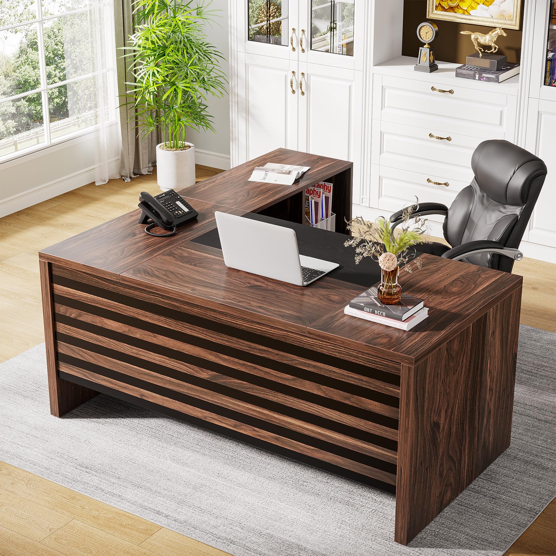 62.2" Executive Desk with Mobile File Cabinet, L-Shaped Office Desk with Storage Shelves, Large Computer Table Business Workstation Set for Home Office, Dark Brown