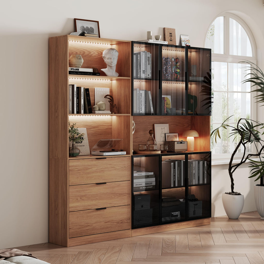 78.7" H Tall Bookcase Storage Cabinet with LED Lights and Drawers, 5 Tier Wood Storage Shelves with Glass Doors, Expandable Bookshelf Display Cabinet for Living Room, Home Office (A+C)