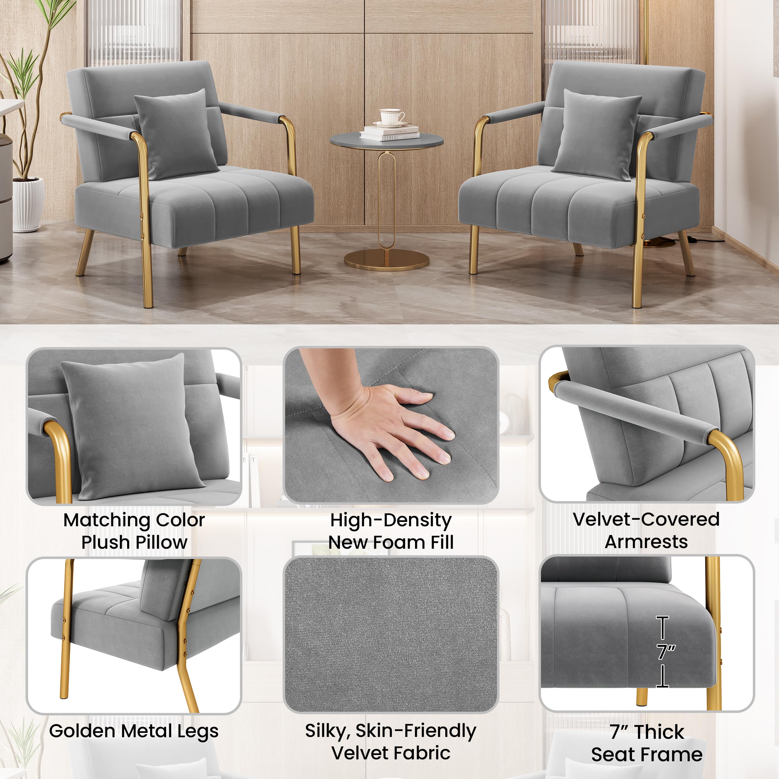 30" W Modern Sofa Small Sofa Luxurious Velvet Fabric Couch with Gold-Tone Metal Arms and Legs for Living Room, Office, Studio Light Gray