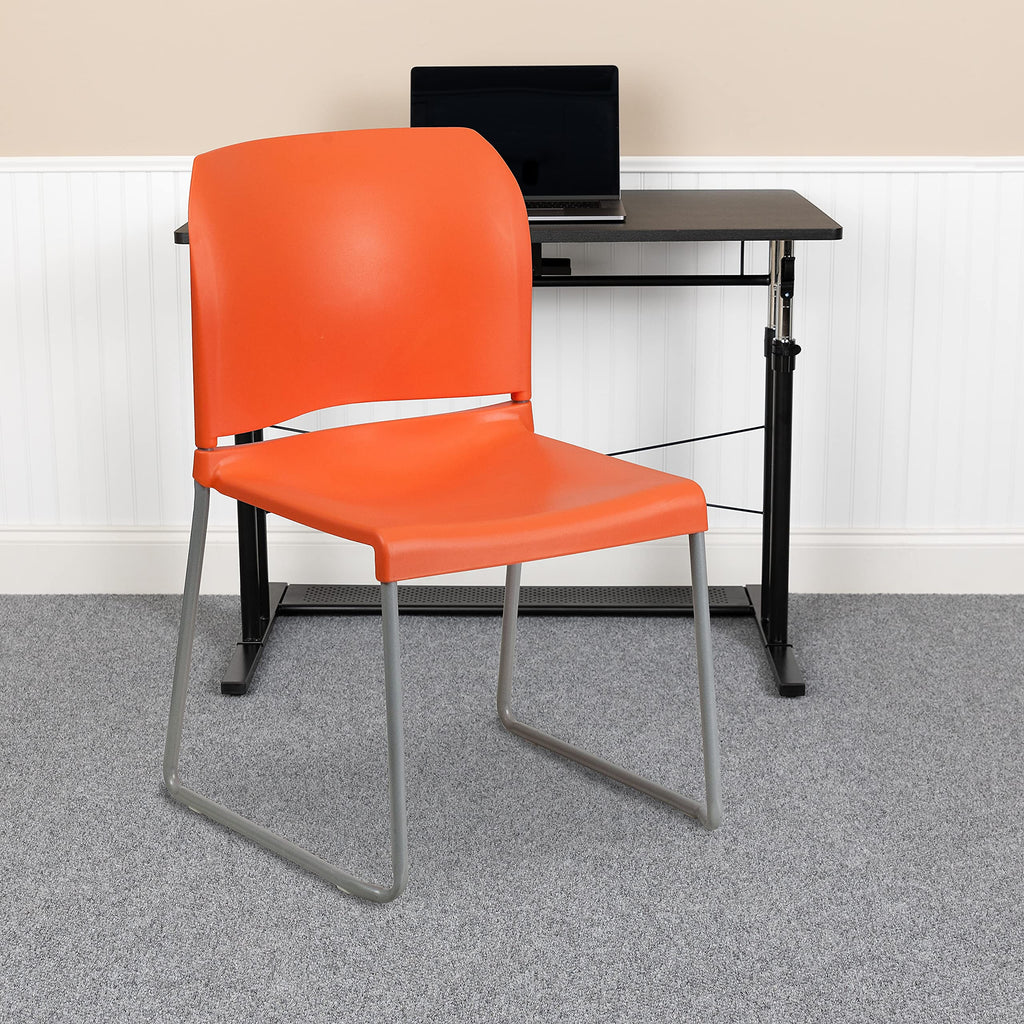 HERCULES Series 880 lb. Capacity Orange Full Back Contoured Stack Chair with Gray Powder Coated Sled Base