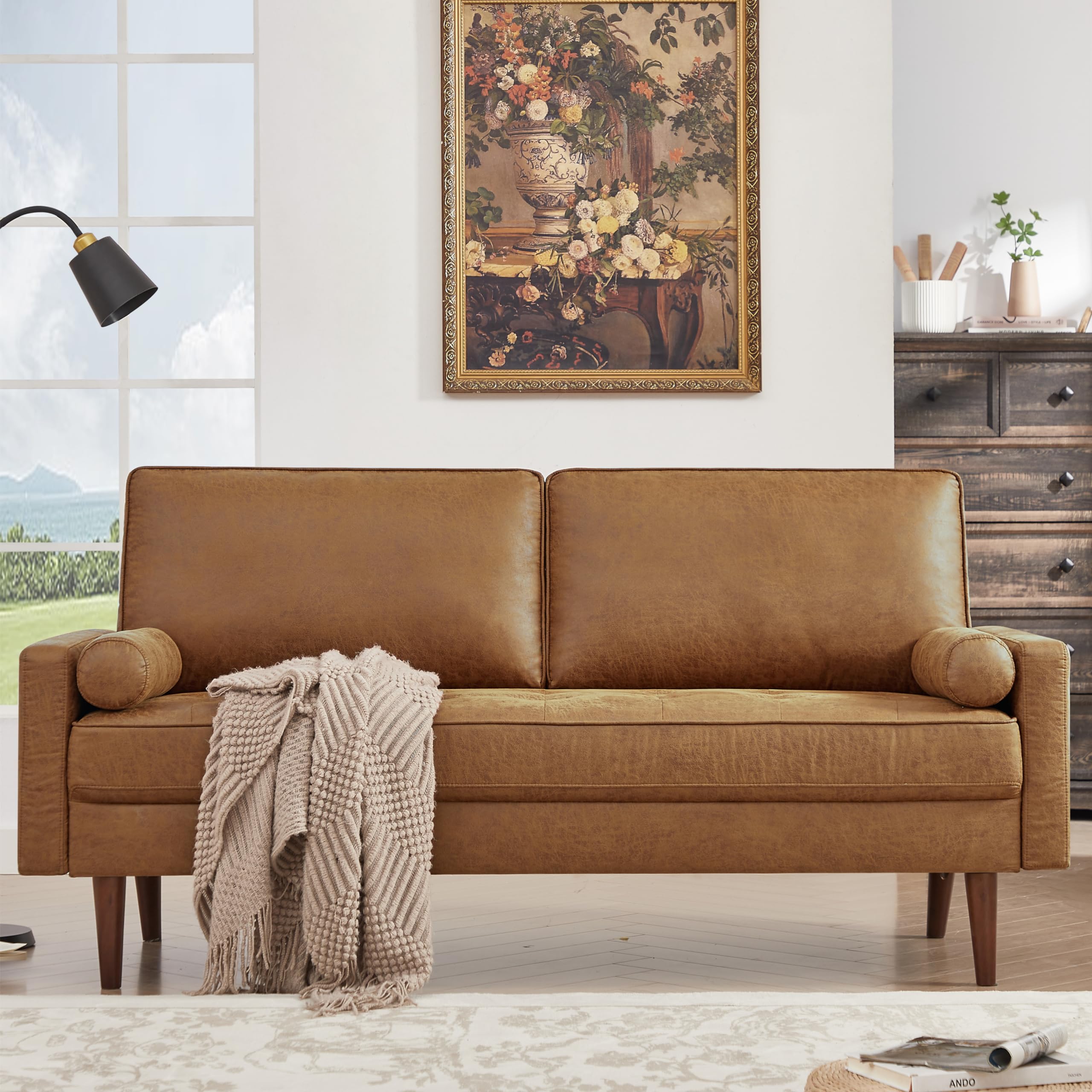 58" Loveseat Sofa Couch, Mid Century Modern Faux Leather Couch with Hand-Sewn Deep Love Seat & 2Pillows, Sofa for Office, Small Space, Bedroom, Solid Wood Frame, Brown