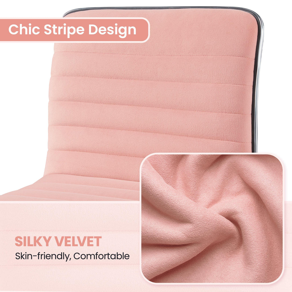 Velvet Low Back Armless Ribbed Vanity Chair Height Adjustable Swivel Task Office Chair, Apricot Pink