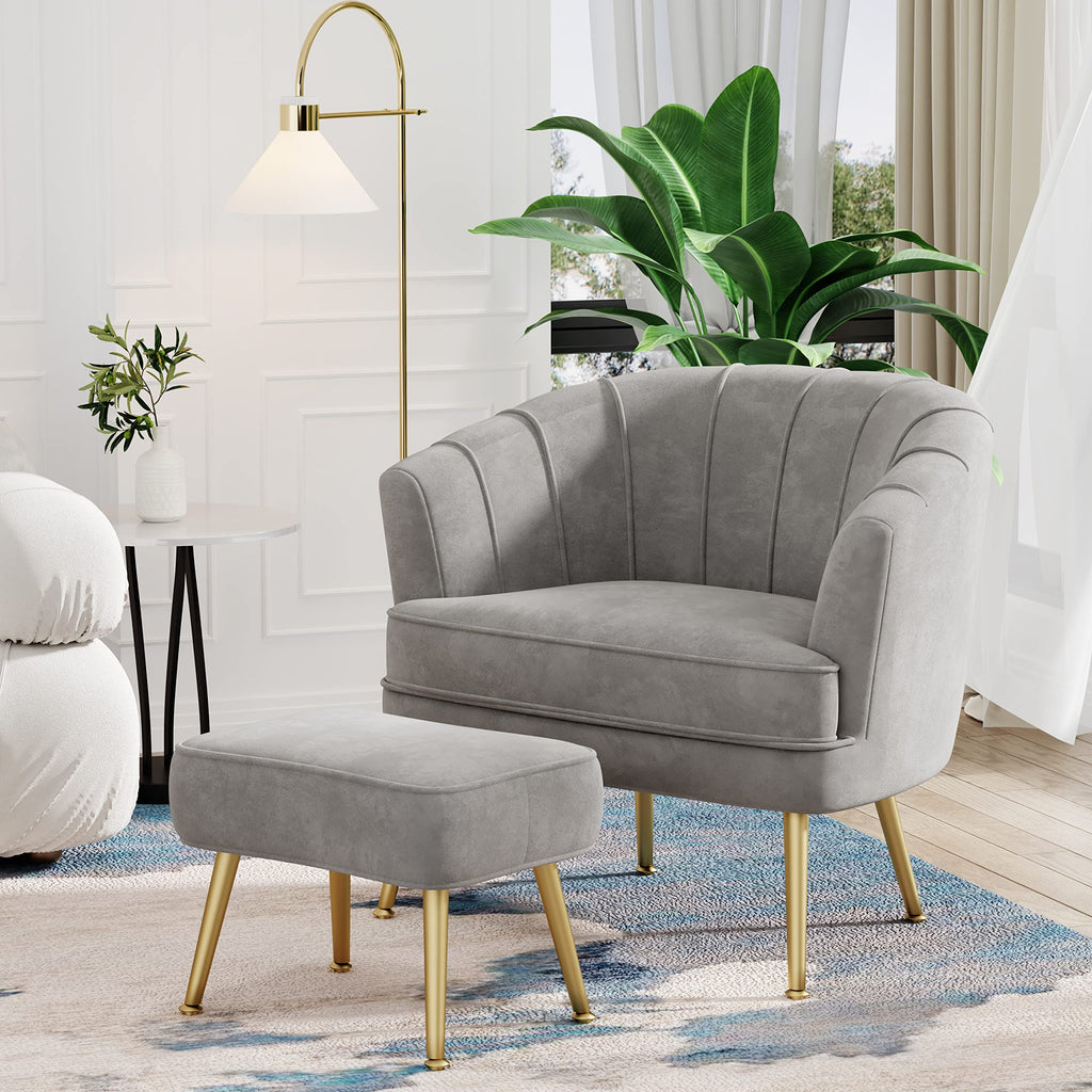 Velvet Accent Chair with Ottoman, Upholstered Modern Single Sofa Side Chair,Comfy Barrel Club Living Room Armchair with Golden Metal Legs for Bedroom Office Living Reading Room , Grey