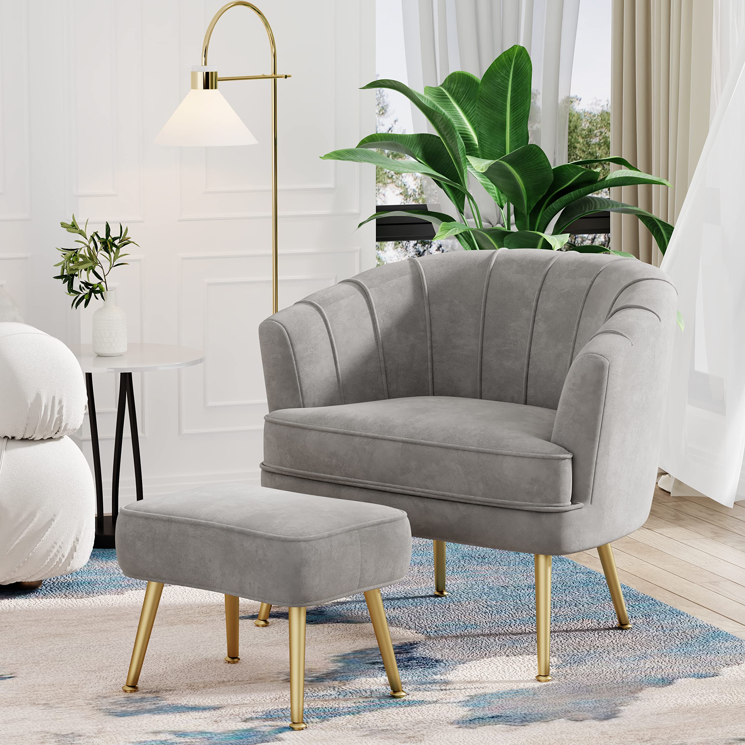 Velvet Accent Chair with Ottoman, Upholstered Modern Single Sofa Side Chair,Comfy Barrel Club Living Room Armchair with Golden Metal Legs for Bedroom Office Living Reading Room , Grey