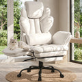 Flip Armrests Criss Cross Office Chair, Reclining Office Chair with Foot Rest, Adjustable Headrest, Massage Waist Pillow, Cross Legged Big and Tall Desk Chair Wide Seat Vanity Chair, PU Leather White