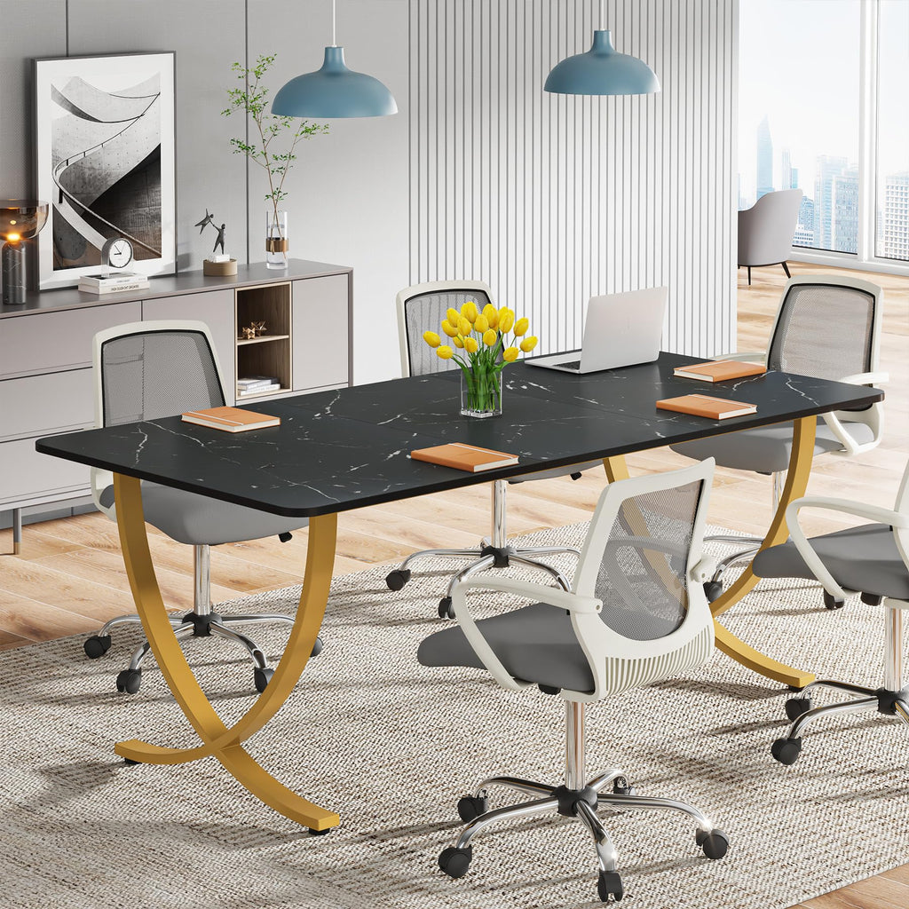 Executive Desk, 63” W x 31.5” D Large Office Desk, Modern Computer Desk Conference Table Meeting Room Table, Business Furniture for Home Office, Black and Gold