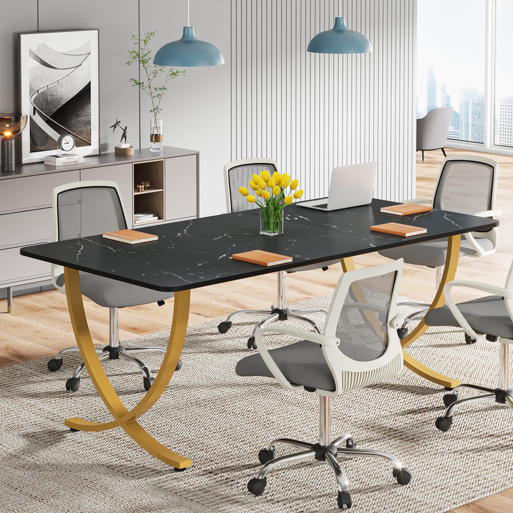 Executive Desk, 63” W x 31.5” D Large Office Desk, Modern Computer Desk Conference Table Meeting Room Table, Business Furniture for Home Office, Black and Gold