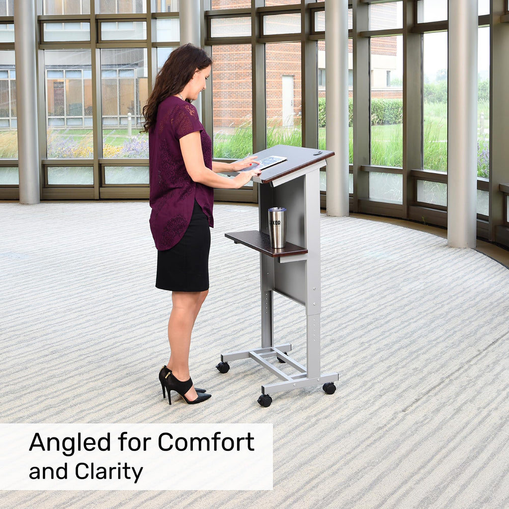 Adjustable Height Lectern Podium | Rolling Desk with Storage Shelf | Ergonomic Standing Desk Frame for Office, Classroom, Laptop, Teaching, Presentations & More (Dark Walnut)