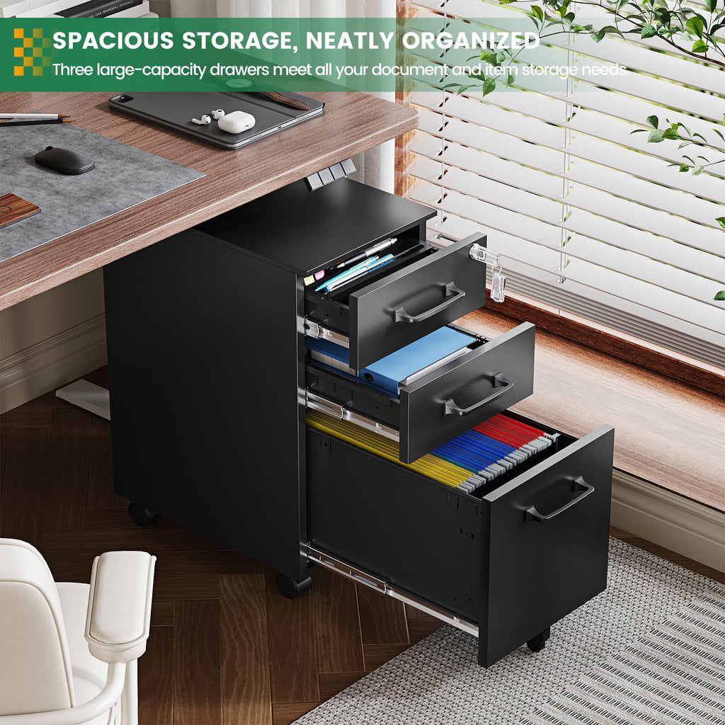 3 Drawer Slim File Cabinet, Mobile Filing Cabinet with Lock,Black Rolling Narrow File Cabinets with Casters, Under Desk Office Cabinets for Home Office,Fit A4/Letter/Legal(Unassembled)