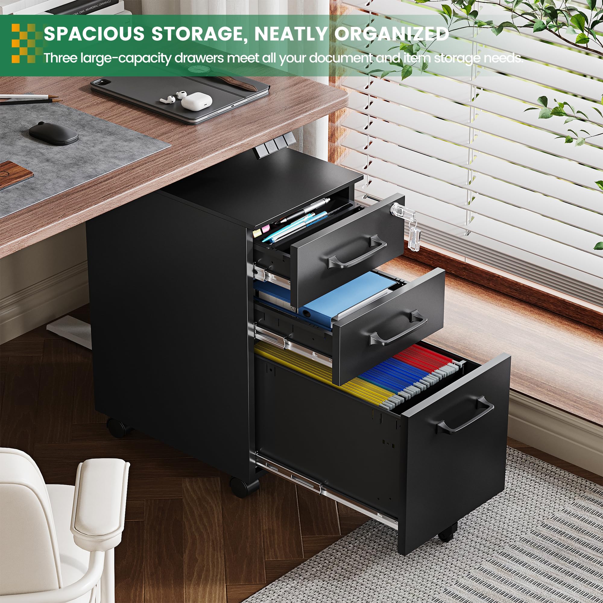 3 Drawer Slim File Cabinet, Mobile Filing Cabinet with Lock,Black Rolling Narrow File Cabinets with Casters, Under Desk Office Cabinets for Home Office,Fit A4/Letter/Legal(Unassembled)