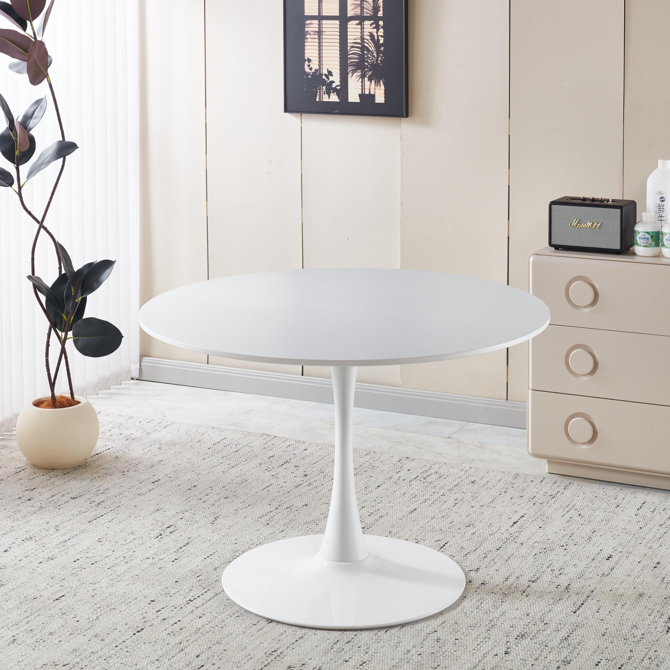 Sybrioka 42" Tulip Table for 4-6 Persons Modern Round Dining Room Table, Mid-Century Modern White Small Kitchen Table with MDF Wooden Top, Leisure Coffee Table for Living Room, Dining Room, Office