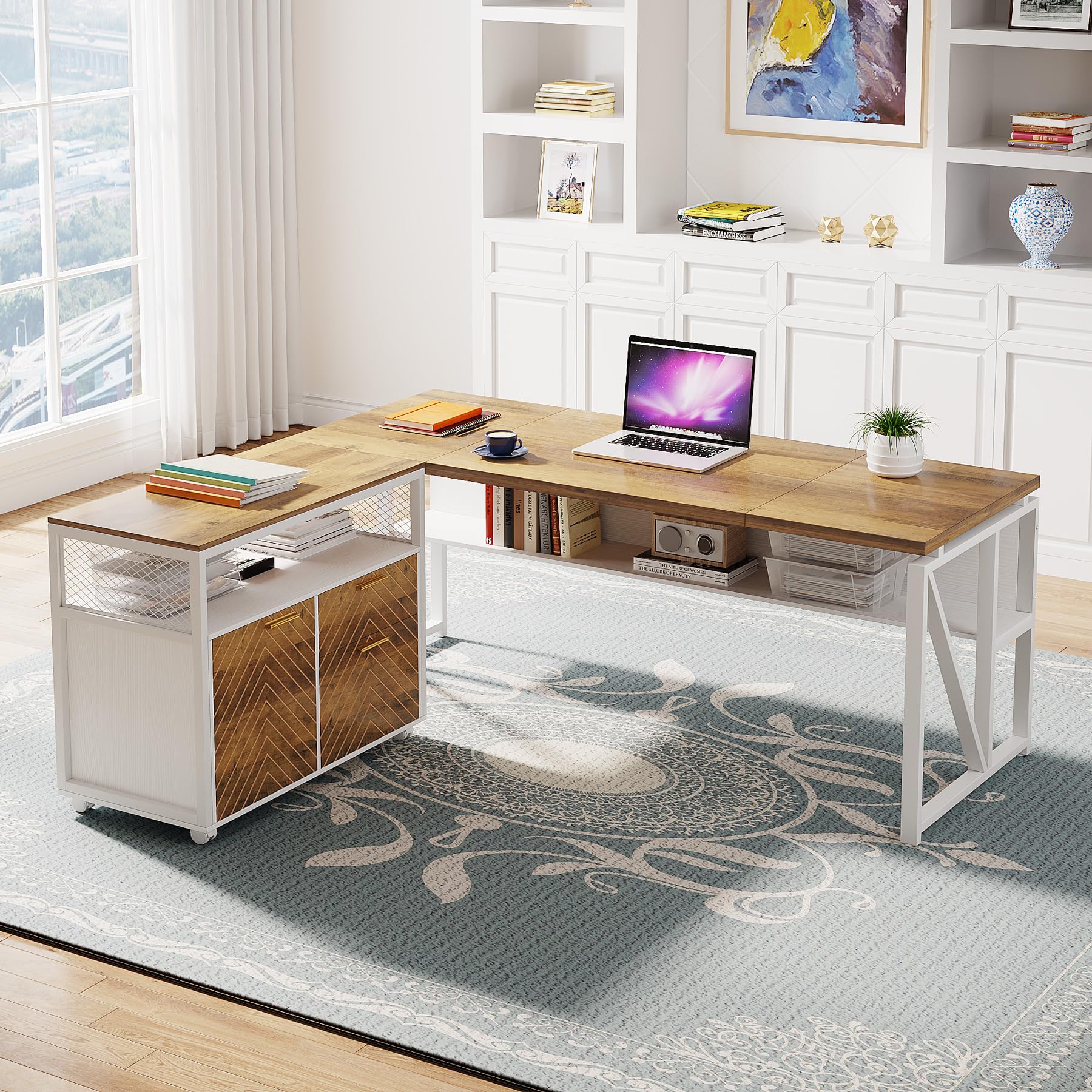 63" Executive Computer Desk and lateral File Cabinet, 2 Piece Home Office Furniture for Hanging File, Cabinet with Doors