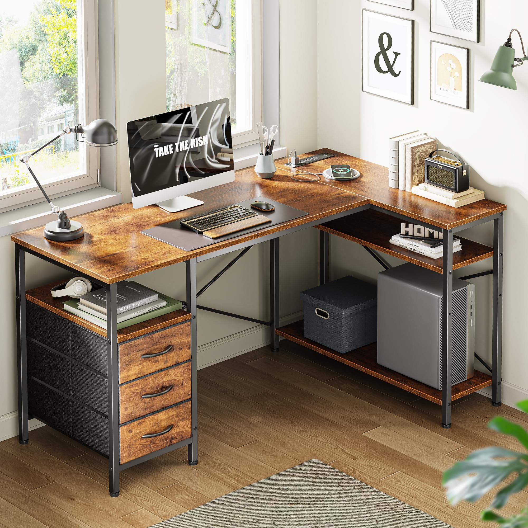 L Shaped Office Desk with Power Outlets, 47 Inch Computer Desk with 3 Drawers, Shelves, for Gaming, Corner Work, Home Office, Study, Rustic Brown
