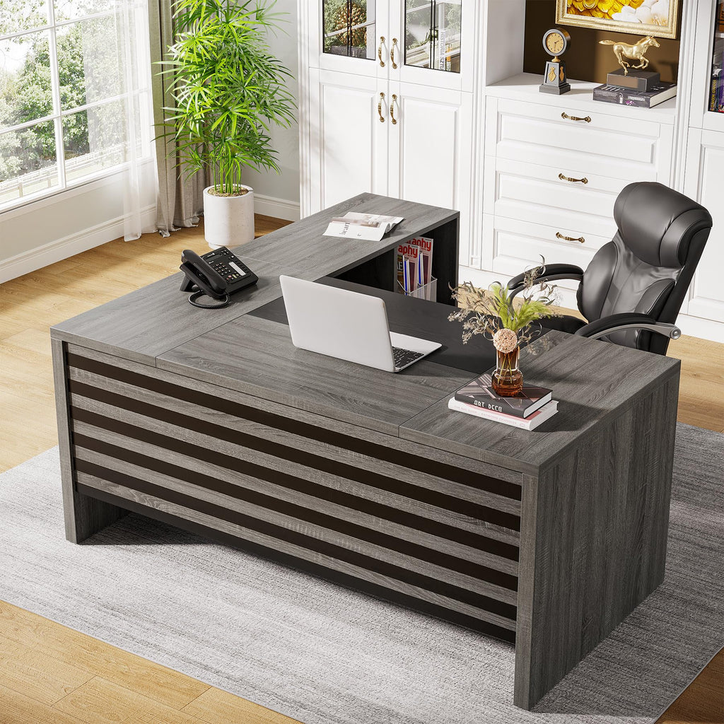 62.2" Executive Desk with Mobile File Cabinet, L-Shaped Office Desk with Storage Shelves, Large Computer Table Business Workstation Set for Home Office, Grey