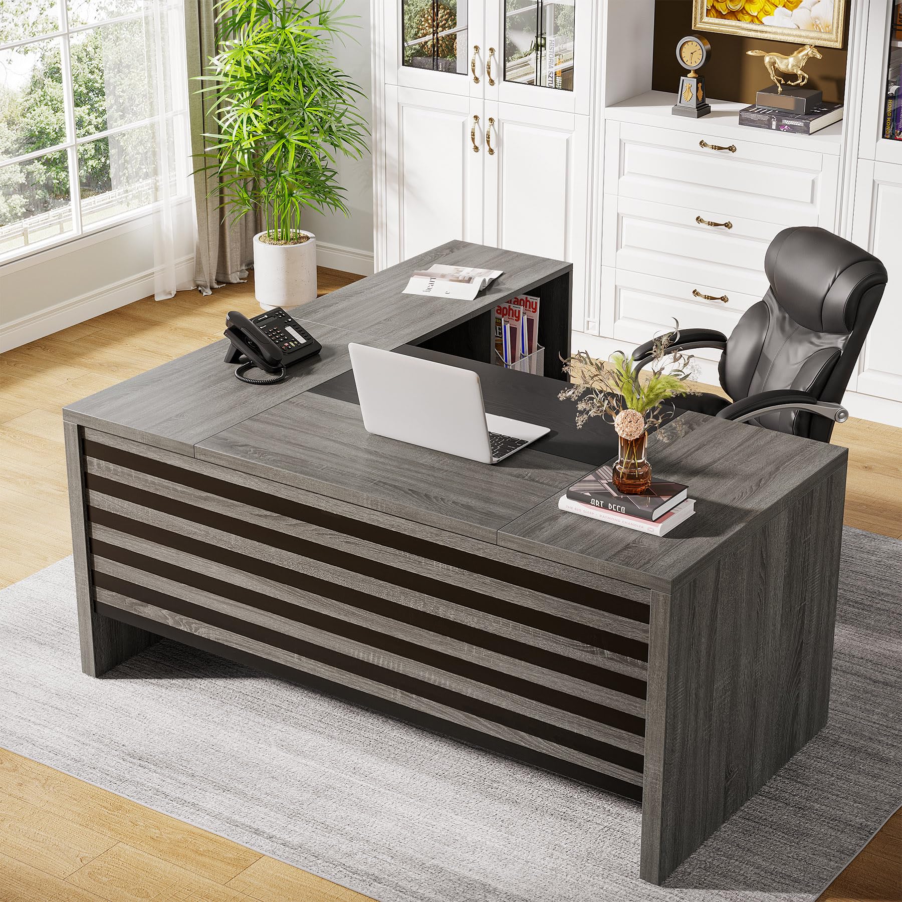 62.2" Executive Desk with Mobile File Cabinet, L-Shaped Office Desk with Storage Shelves, Large Computer Table Business Workstation Set for Home Office, Grey