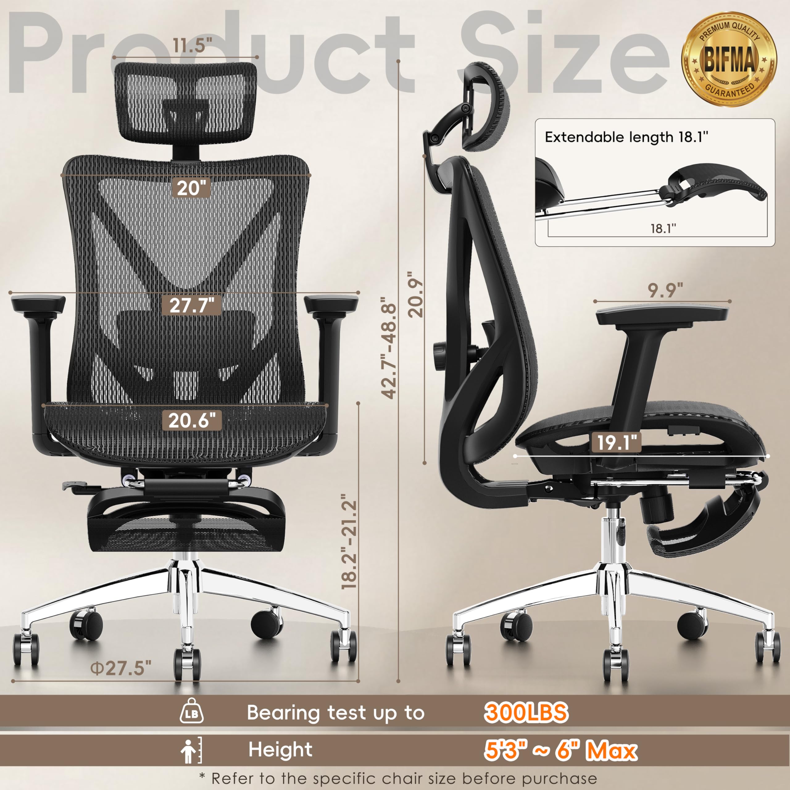 Ergonomic Office Chair with Footrest, 135° Reclining Desk Chair with Adjustable Lumbar Support,3D Armrest,Headrest & Large Steel Base, 300LBS Heavy Duty Mesh Chair