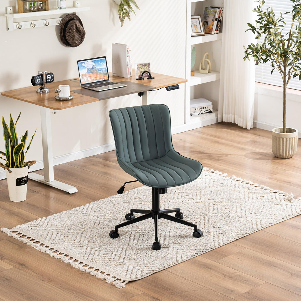 Ergonomic Armless Office Chair Faux Leather Small Cute Desk Chair with 12° Rocking Back Adjustable Height Swivel Vanity Chair Compact Computer Rolling Task Chair for Small Spaces Greyish Green