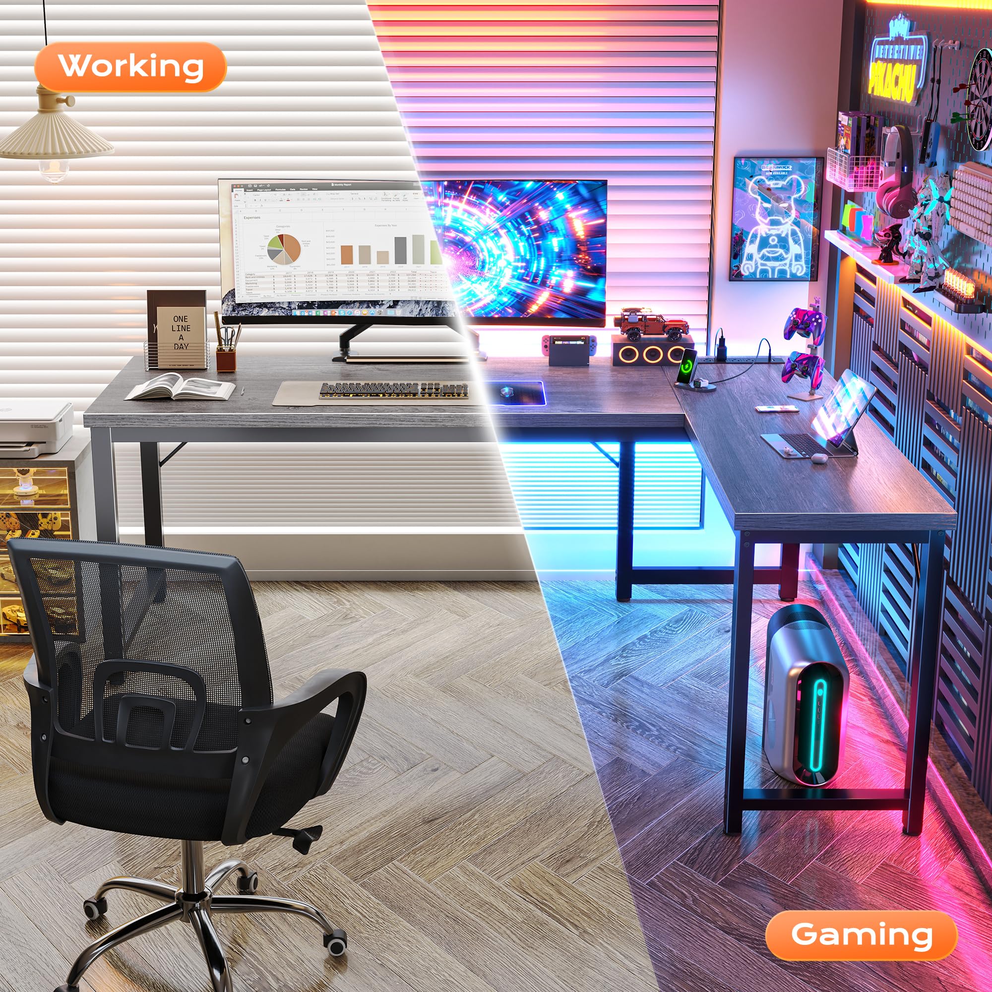 63 Inch L Shaped Desk with Power Outlets and USB-C Port, Reversible Computer Desk, Larger Office Corner Gaming Desk, 0.95 Inch Thicker Desktop, Metal Frame, for Home Office, Study, Grey