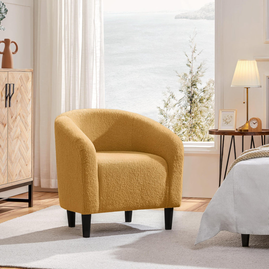 Accent Barrel Chair, Boucle Fabric Club Chair, Furry Sherpa Elegant and Cozy, Soft Padded Armchair for Living Room Bedroom Reception Room Office, Mustard Yellow