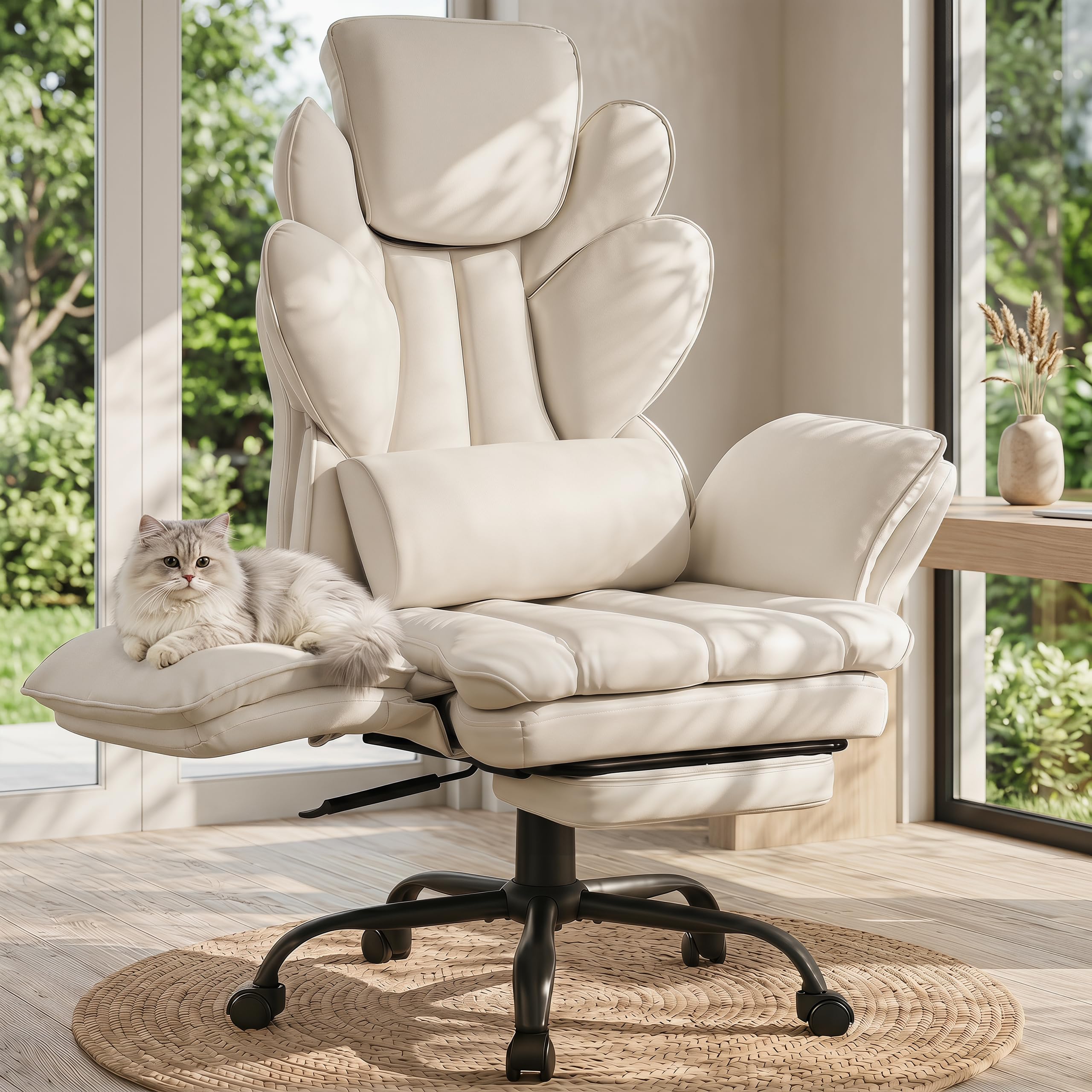 Flip Armrests Criss Cross Office Chair, Reclining Office Chair with Foot Rest, Adjustable Headrest, Massage Waist Pillow, Cross Legged Big and Tall Desk Chair Wide Seat Vanity Chair, PU Leather Beige