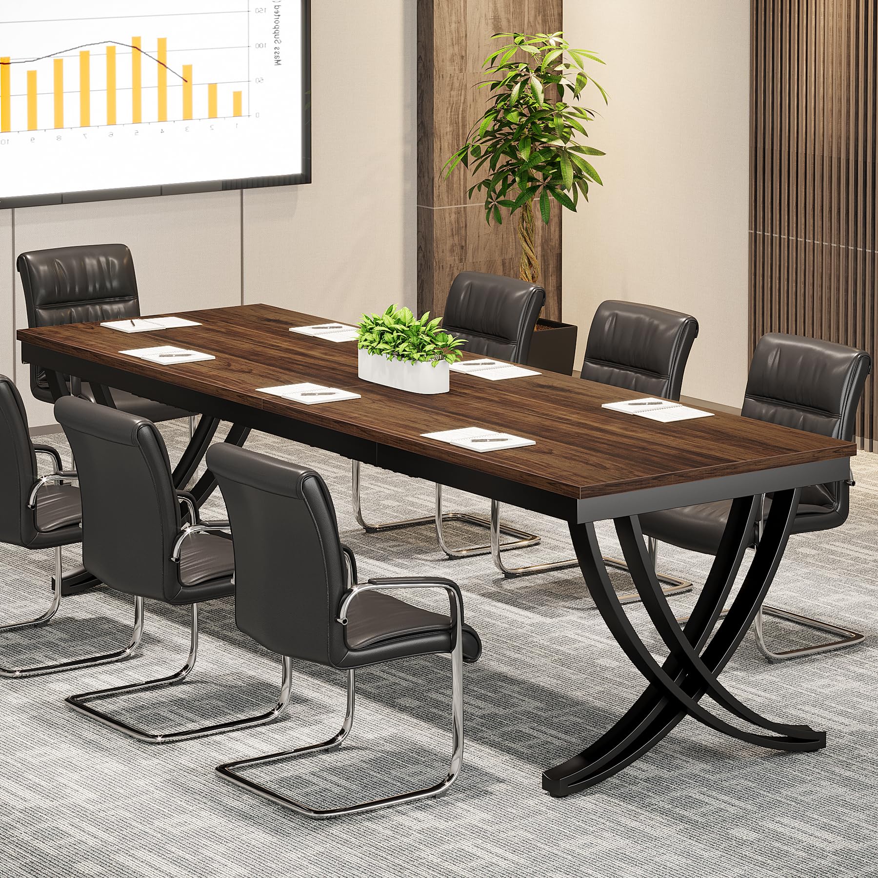 6.5FT Conference Table for 6-8 People, 78 inch Long Rectangular Seminar Table with Strong Metal Frame, Business Boardroom Desk for Office Meeting Conference Room (1PC, Brown)