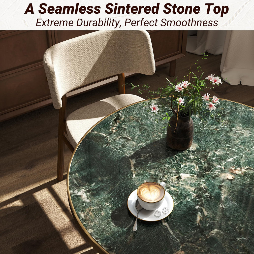 hausway 31.5" Tulip Table,Round Kitchen Dining Table for 2-4 with Thick Sintered Stone Top,Titanium Golden Pedestal Base,Heat-Resistant,Bistro Table for Dining Room,Café,Small Space（Emerald Essence）