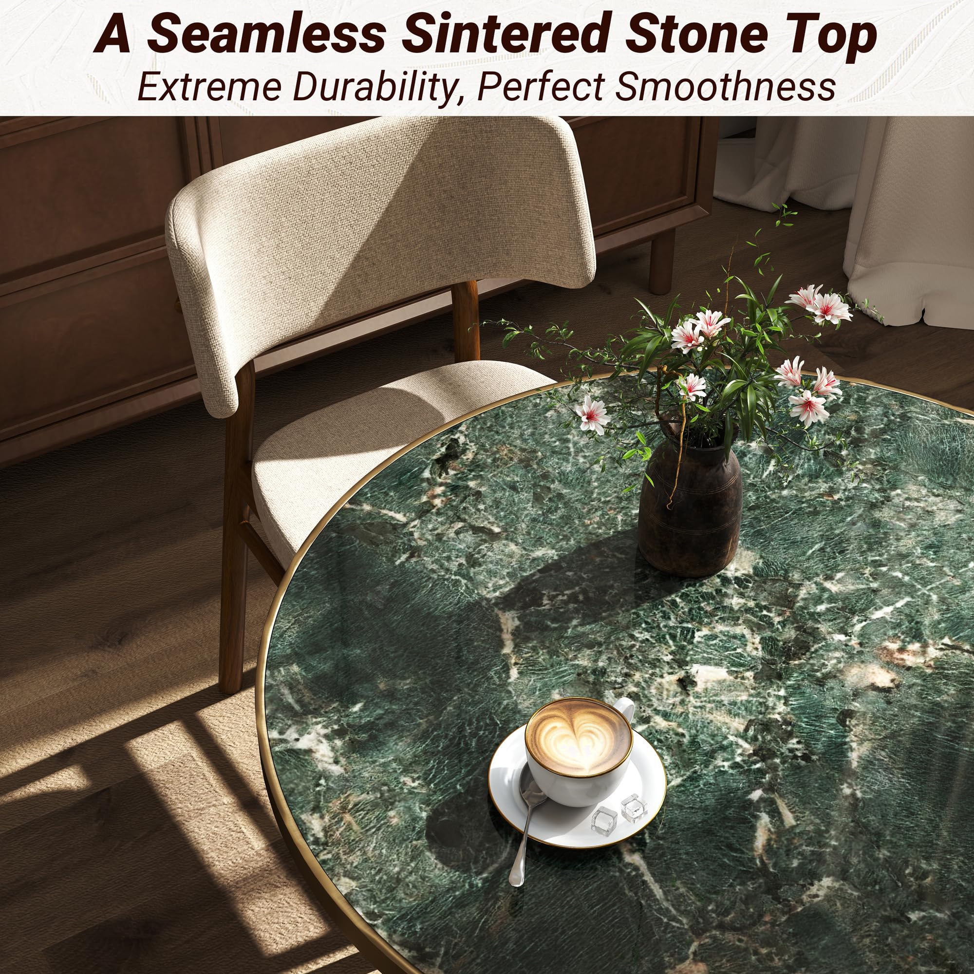 hausway 31.5" Tulip Table,Round Kitchen Dining Table for 2-4 with Thick Sintered Stone Top,Titanium Golden Pedestal Base,Heat-Resistant,Bistro Table for Dining Room,Café,Small Space（Emerald Essence）