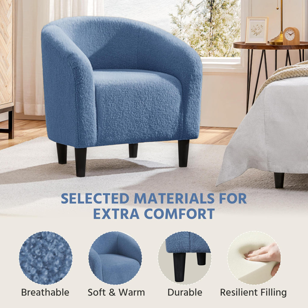 Accent Barrel Chair, Boucle Fabric Club Chair, Furry Sherpa Elegant Armchair with Cozy Soft Padded, Suitable for Living Room Bedroom Reception Room Office, Blue