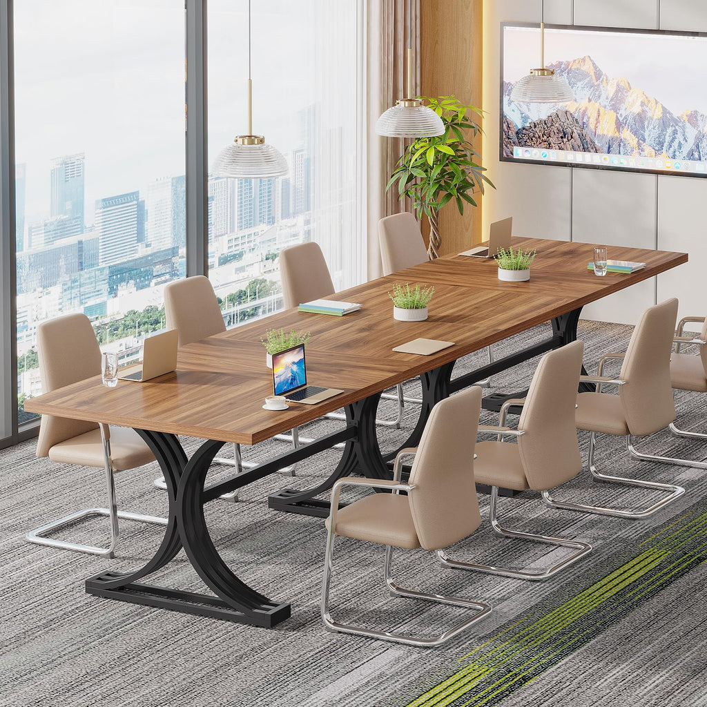 10.5FT Conference Table, Modern Meeting Table for 8-10 People, Rectangle Seminar Boardroom Table for Office Conference Room with Stylish Legs (4, Rustic Brown and Black)