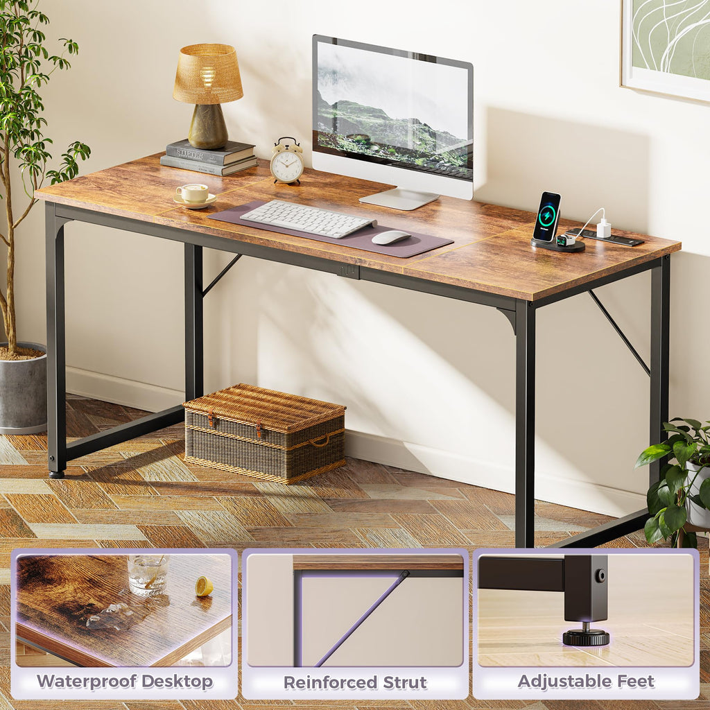 63 X 24 Inch Office Computer Desk with Power Outlets and USB-C Port, Larger and Longer Gaming Desk, for Home Office, Study, Writing Work from Home Table, Metal Frame, White