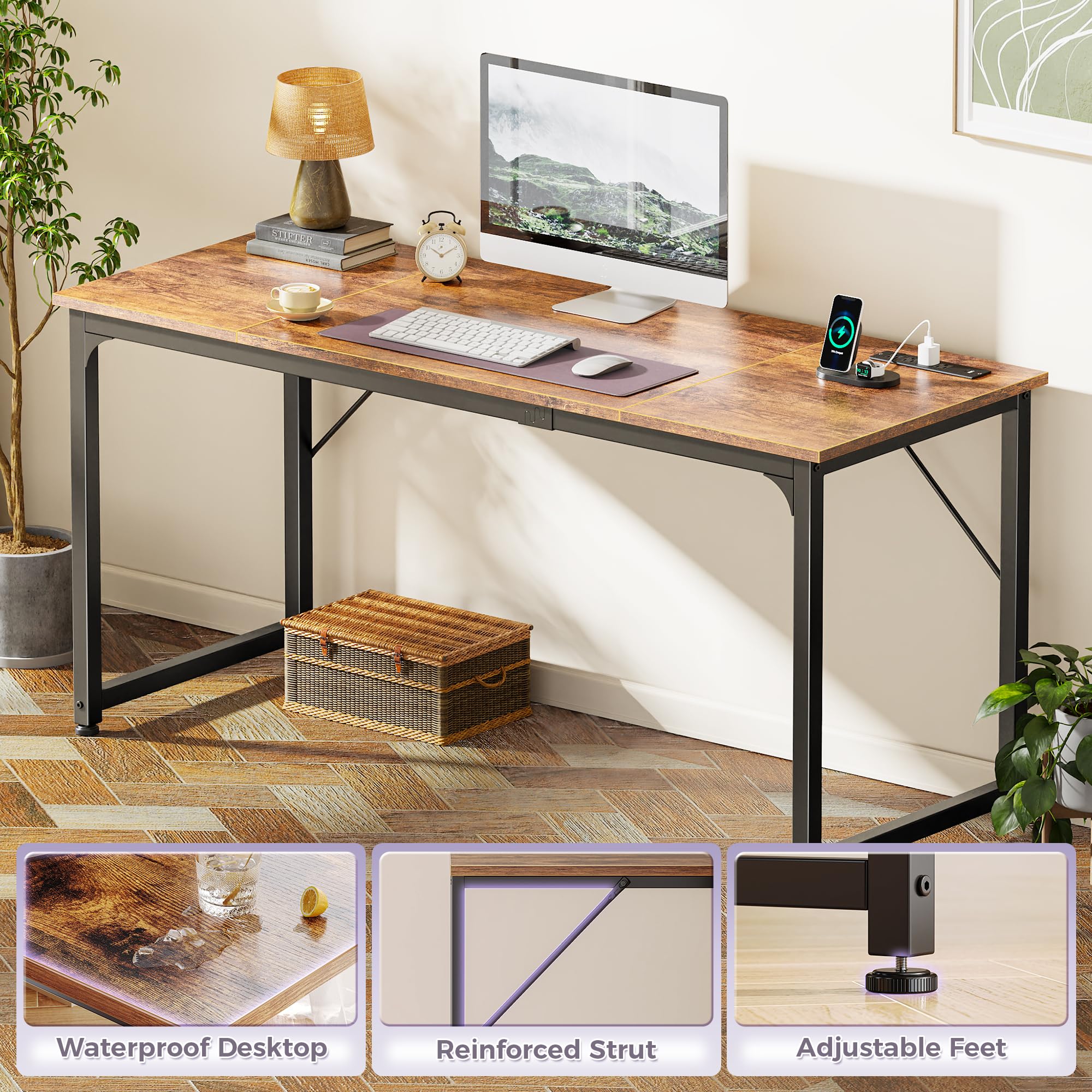 63 X 24 Inch Office Computer Desk with Power Outlets and USB-C Port, Larger and Longer Gaming Desk, for Home Office, Study, Writing Work from Home Table, Metal Frame, White