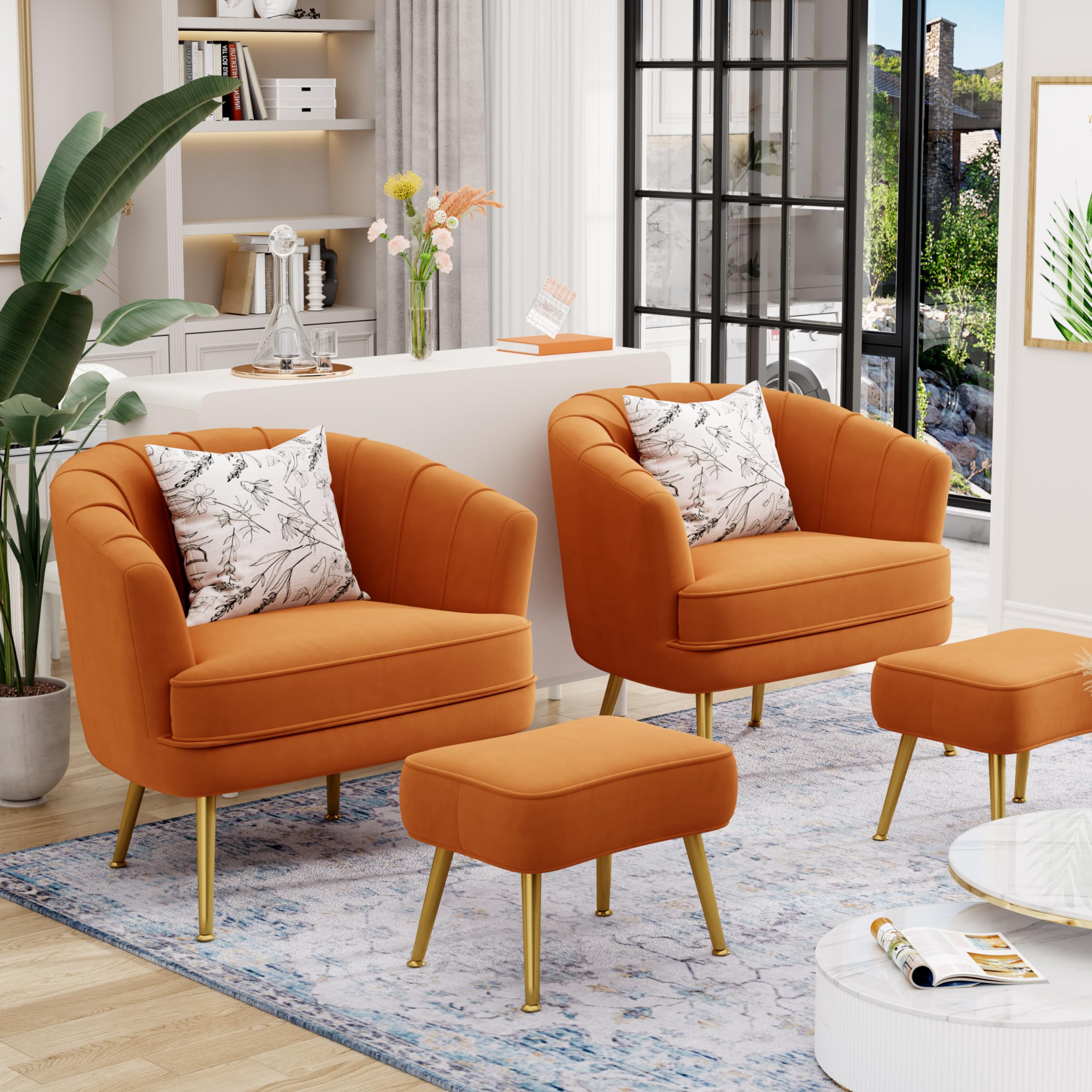 Velvet Accent Chair with Ottoman,Upholstered Modern Single Sofa Side Chair,Comfy Barrel Club Living Room Armchair with Golden Metal Legs for Office Bedroom Living Reading Room ,Caramel Orange