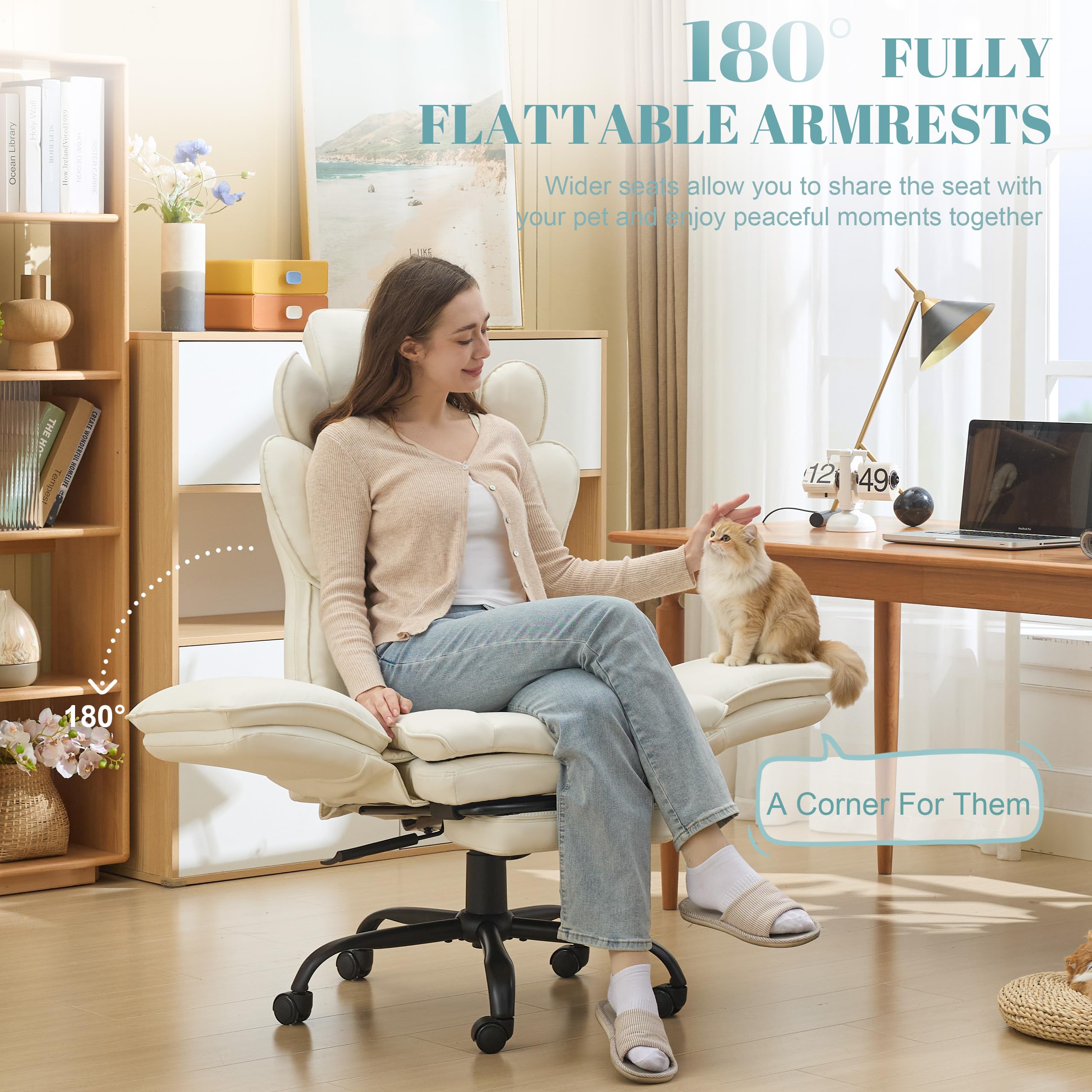 Flip Armrests Criss Cross Office Chair, Reclining Office Chair with Foot Rest, Adjustable Headrest, Massage Waist Pillow, Cross Legged Big and Tall Desk Chair Wide Seat Vanity Chair, PU Leather White