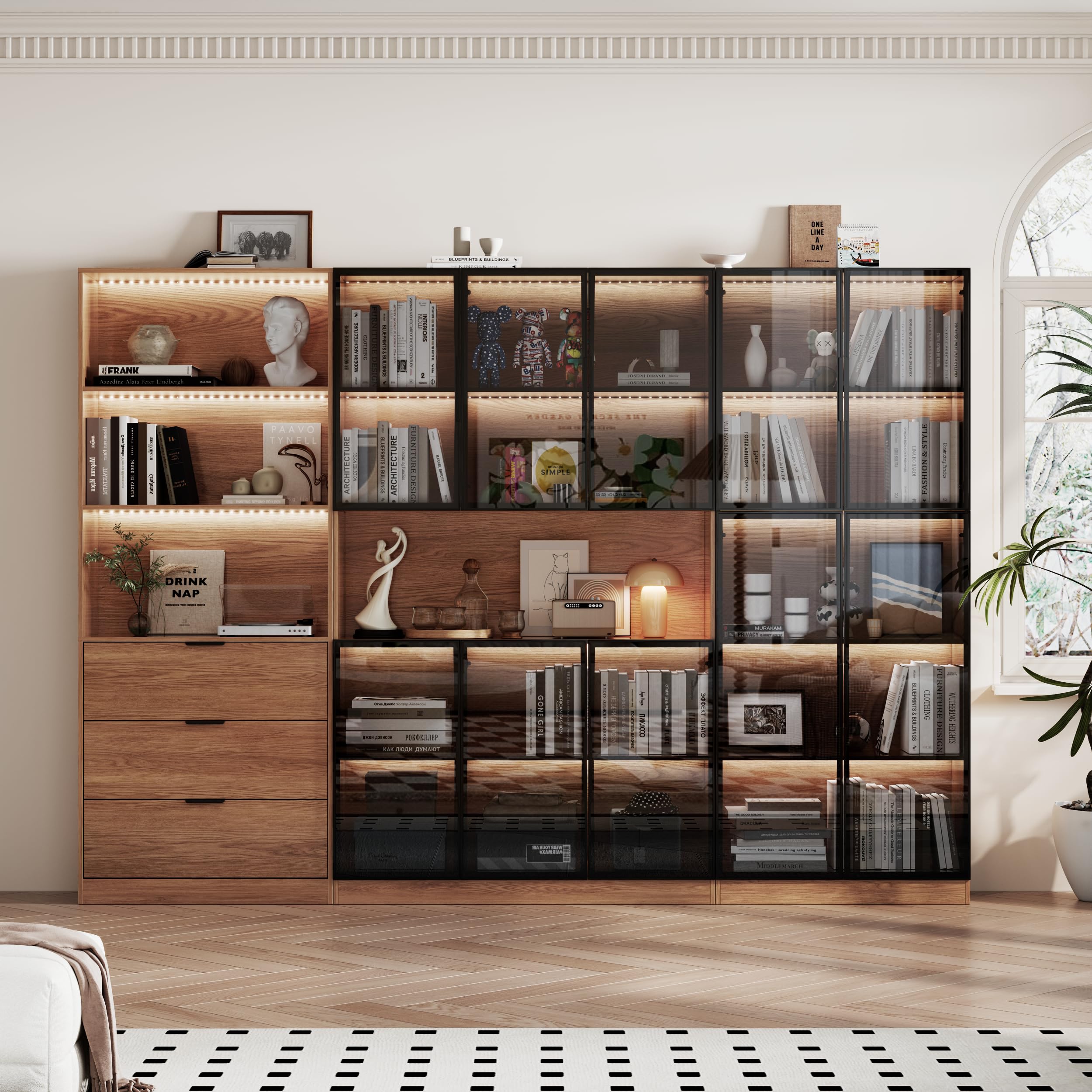 78.7" H Tall Bookcase Storage Cabinet with LED Lights and Drawers, 5 Tier Wood Storage Shelves with Glass Doors, Expandable Bookshelf Display Cabinet for Living Room, Home Office (A+C+B)