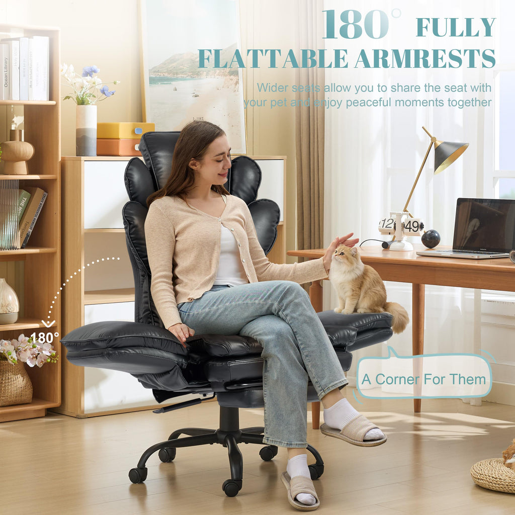 Flip Armrests Criss Cross Office Chair, Reclining Office Chair with Foot Rest, Adjustable Headrest, Massage Waist Pillow, Cross Legged Big and Tall Desk Chair Wide Seat Vanity Chair, PU Leather Black