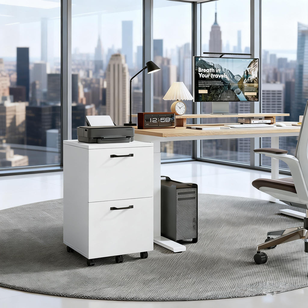 2 Drawer Filing Cabinet, Wood Rolling Filing Cabinets with Printer Stand, Under Desk Storage Lockable Wheels, Home Office Organizer for A4 Letter Legal Size Documents,White
