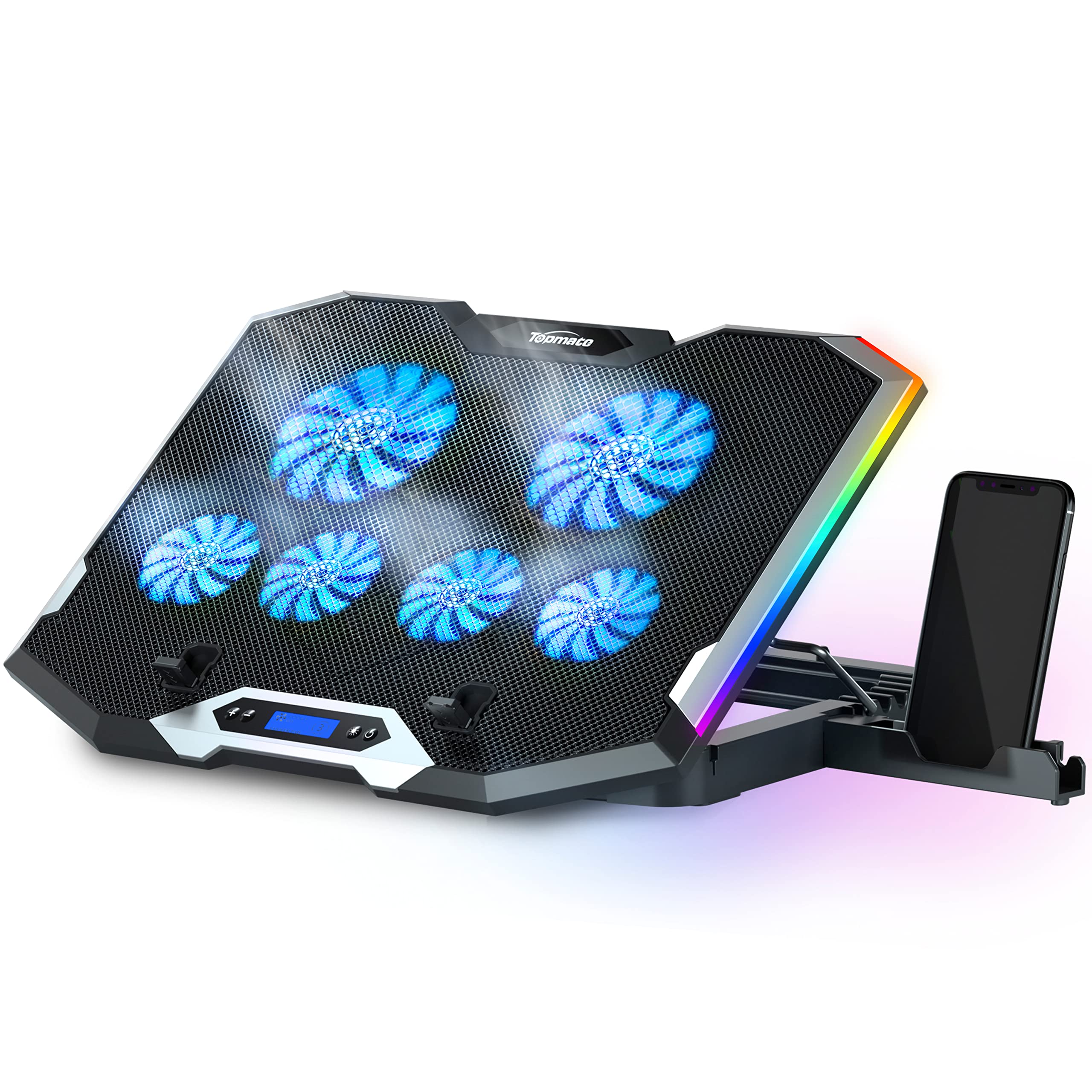 Laptop Cooling Pad RGB Notebook Cooler, Laptop Fan Stand Adjustable Height with 6 Quiet Fans and Phone Holder, Computer Chill Mat, for 15.6-17.3 Inch Laptops - Blue LED Light