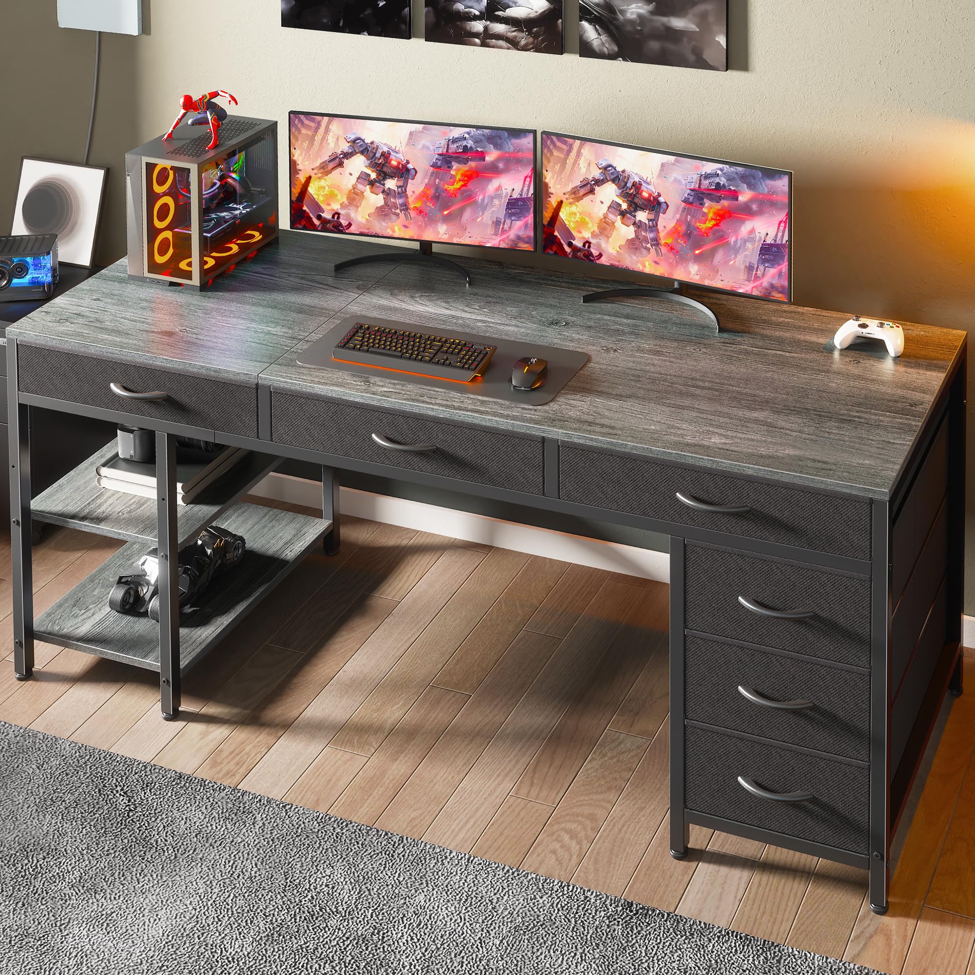 Computer Desk with 6 Drawers, Office Desk with Shelves, Reversible Gaming Desk, Corner Desk with Storage, Work for Home Office, Study, Living Room, 63inch, Grey