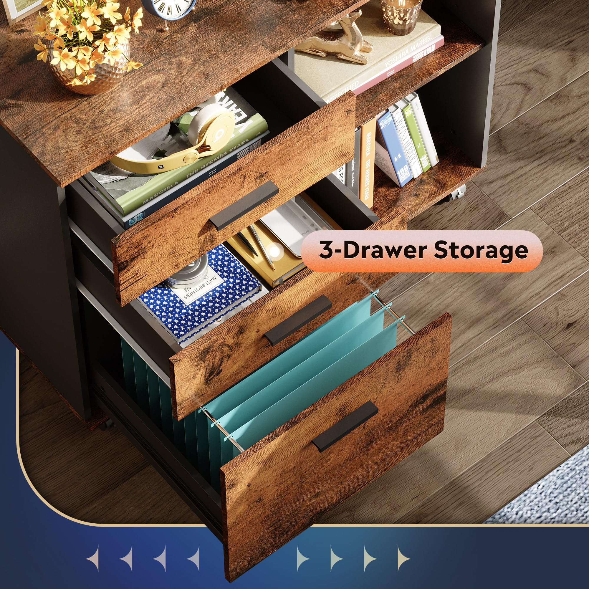 3-Drawer Mobile File Cabinet, Lateral Filing Cabinet, Rustic Brown