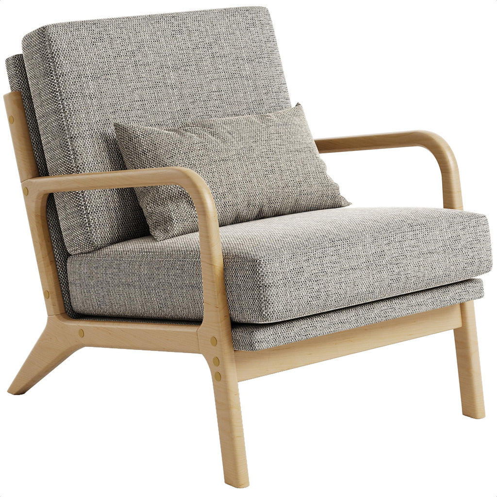 Mid-Century Modern Accent Chair, Armchair with Solid Wood Frame & Lumbar Pillow, Comfy Upholstered Lounge Chair for Office, Bedroom, Linen-Like Fabric, Dark Gray