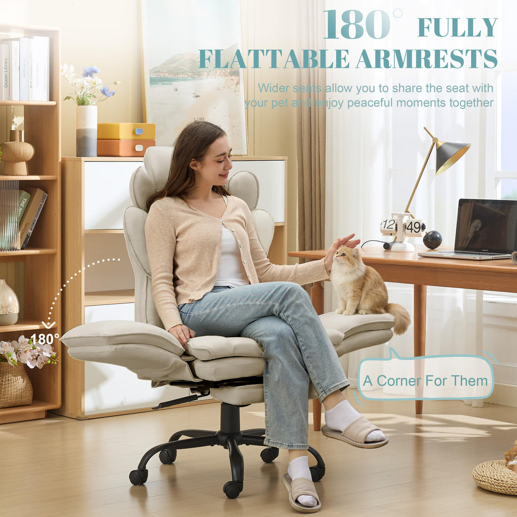 Flip Armrests Criss Cross Office Chair, Reclining Office Chair with Foot Rest, Adjustable Headrest, Massage Waist Pillow, Cross Legged Big and Tall Desk Chair Wide Seat Vanity Chair, PU Leather Beige